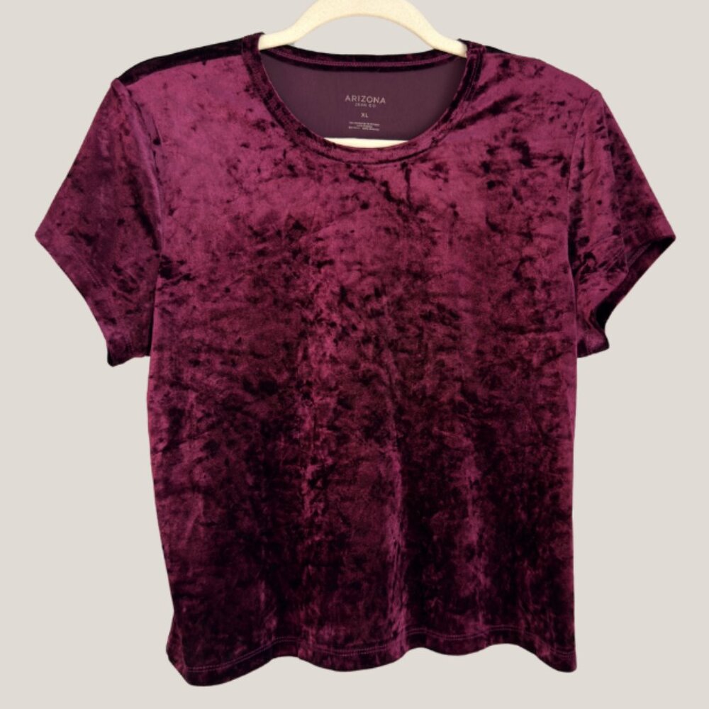 Arizona Jean Co Crushed Velvet T-Shirt Burgundy Wine Short Sleeve Top
